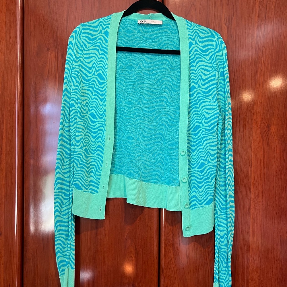 Zara Blue Cardigan Sweater with Intricate Knit Design